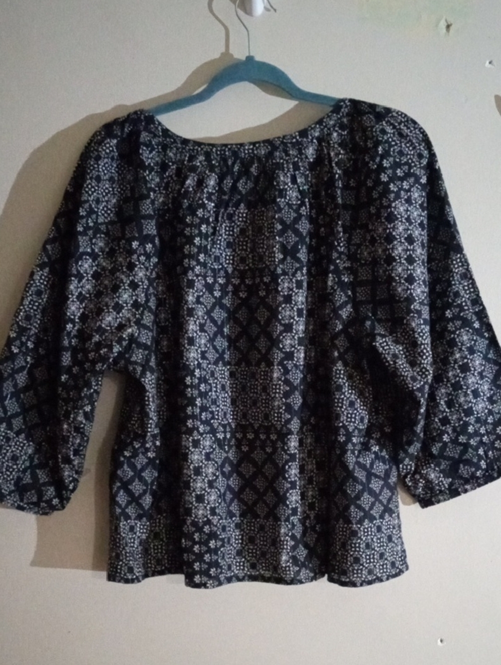 Garnet Hill Navy and White Patchwork Print Peasant Blouse - Picture 2 of 10